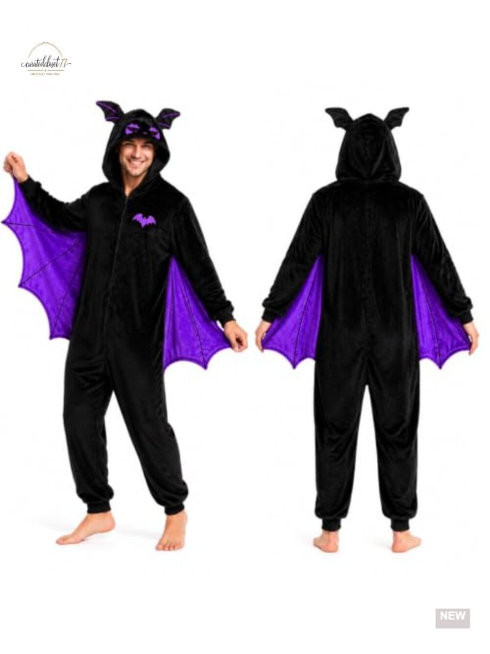 Adult Bat Costume Hooded Jumpsuit Attached Wings Halloween